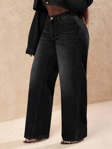 Slaydiva Plus Size Women Denim Wide Leg Pants With Heart Pockets - Dark Grey - View 7
