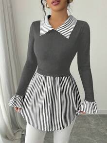 Elenzga Women's Striped Collared Long Sleeve Knit & Woven Patchwork Blouse - Multicolor - View 5