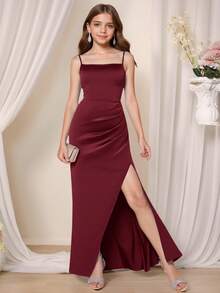 Pitira 少女派对礼服，侧边褶裥缎面吊带伴娘礼服，优雅正式晚宴舞会婚礼宾客礼服，毕业典礼、晚宴派对礼服 - 酒紅色 - 查看 2