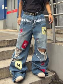 ROMWE MEN Grunge Punk Jeans anchos casuales y de moda para hombres con bordado de letras y efecto desgastado - Azul - Ver 6