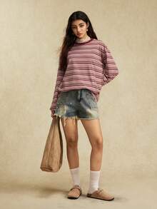 Easelle Casual Vintage Pink Striped Knit Women T-Shirt Top Summer For Women Round Neck Long Sleeved Comfortable - Multicolor - View 9