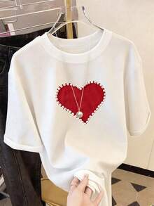 Resyla 女士休闲心形珍珠圆领宽松落肩短袖白色T恤，女士优雅手工珍珠心形T恤，柔软圆领短袖上衣，适合休闲和正式场合，可机洗，日常和特殊场合的叠穿上衣 - 白色 - 查看 5