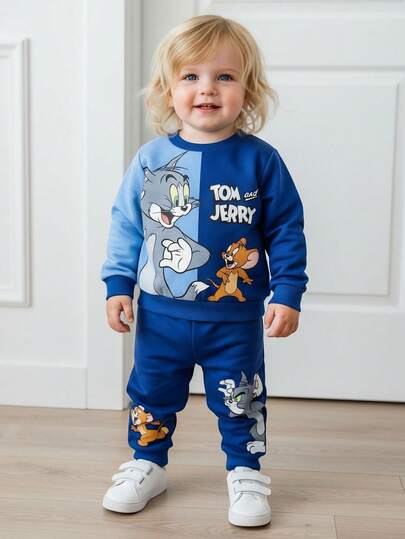 TOM & JERRY X SHEIN 2pcs Baby Boy Cartoon Animal Cat & Mouse Print Patchwork Sweatshirt And Sweatpants Set, Casual Sports Style, Suitable For Spring, Autumn And Winter Fall