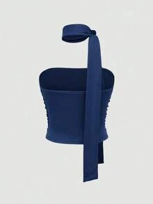 Top mujer corto de Un Hombro con Lazo Atrévete a Brillar en Cada Ocasión de estilo Y2K trendy - Azul Marino - Ver 2