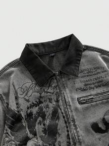 ROMWE MEN Street Life 男士秋季标语天使印花拉链牛仔夹克 - 藍色 - 查看 3