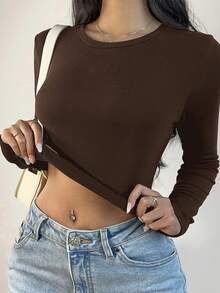 SHEIN BASICS 两件装纯色针织圆领长袖修身短款T恤，女士款，升级保暖面料，带保暖内衬但不臃肿，基础款弹力百搭秋冬女装上衣 - 彩色 - 查看 4