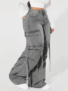 SHEIN ICON Plus Size Solid Color Casual Versatile Wide Leg Cargo Jeans - Light Grey - View 2