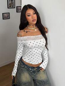 SHEIN Coolane 女式春季巫术哥特音乐节十字图案蕾丝拼布露肩上衣，X 神秘之心 - 白色 - 查看 5