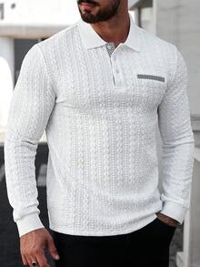 Manfinity Homme 男士格子印花麻花休闲长袖 Polo 衫 男士白色系带衬衫 男士白色长袖 Polo 衫 - 白色 - 查看 6