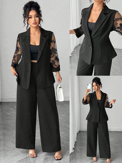 Elenzga Completo da donna taglie forti, composto da blazer con maniche a 3/4 in rete con ricamo 3D a farfalla sulla vita e pantaloni a gamba dritta, nero, elegante e sofisticato stile francese, versatile per l'ufficio e il tempo libero