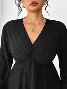 Elenzga Plus Size Women Solid Color Lace V-Neck Ruffle Hem Long Sleeve T-Shirt Long Sleeve Black Top Black Peplum Top Black Blouses For Women Black Babydoll Top - Black - View 5