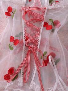 2件套女士樱桃刺绣网纱蕾丝吊带性感睡裙 - 白色 - 查看 5