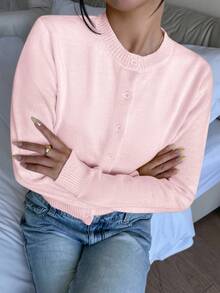 SHEIN 少女针织开衫，休闲纯色圆领长袖宽松短款毛衣，保暖舒适，时尚百搭，适合日常通勤 - 粉色 - 查看 5