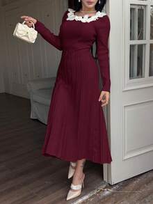 Feyla Vestido de Malha Ajustado com Decoração Floral Vestido Tipo Suéter em Linha A para Outono/Inverno - Vinho - Visão 1