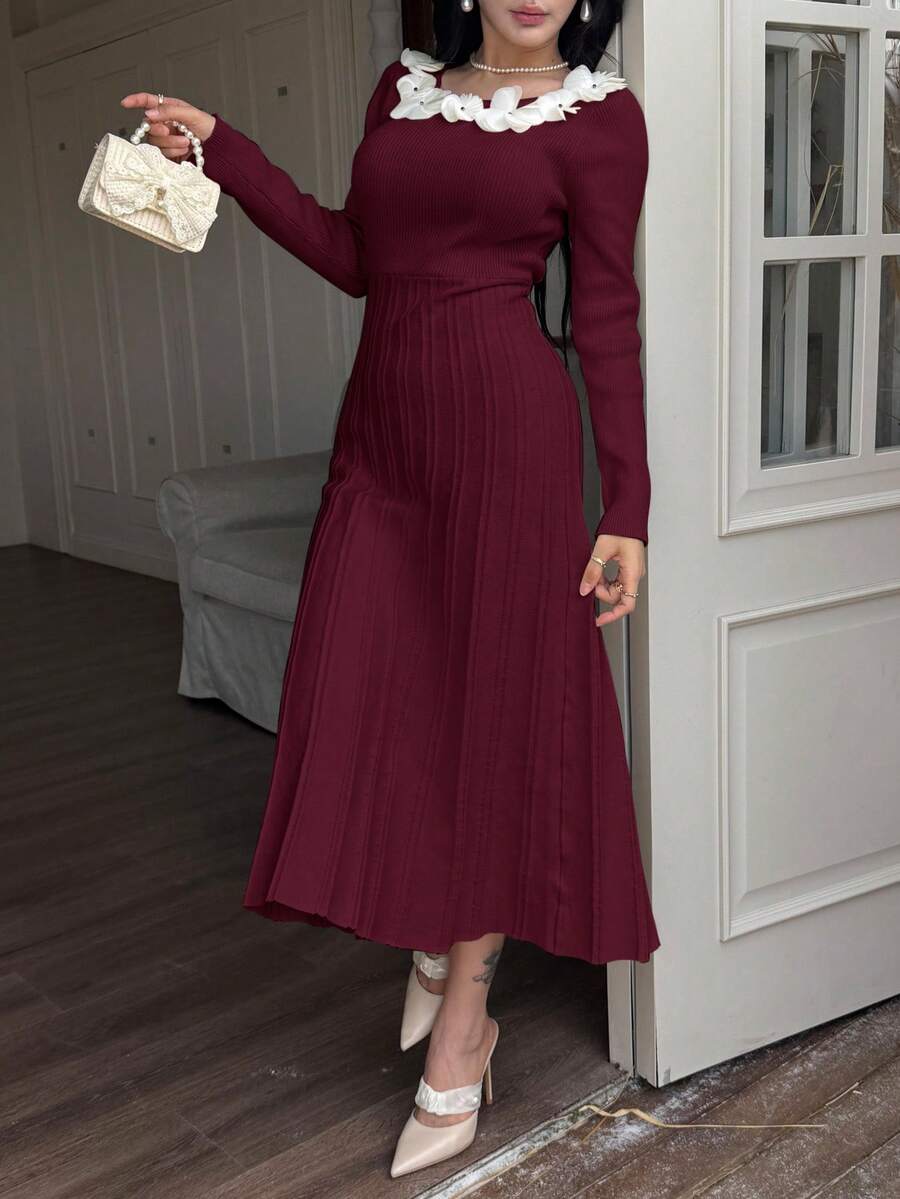 Feyla Vestido de Malha Ajustado com Decoração Floral Vestido Tipo Suéter em Linha A para Outono/Inverno - Vinho - Visão 1