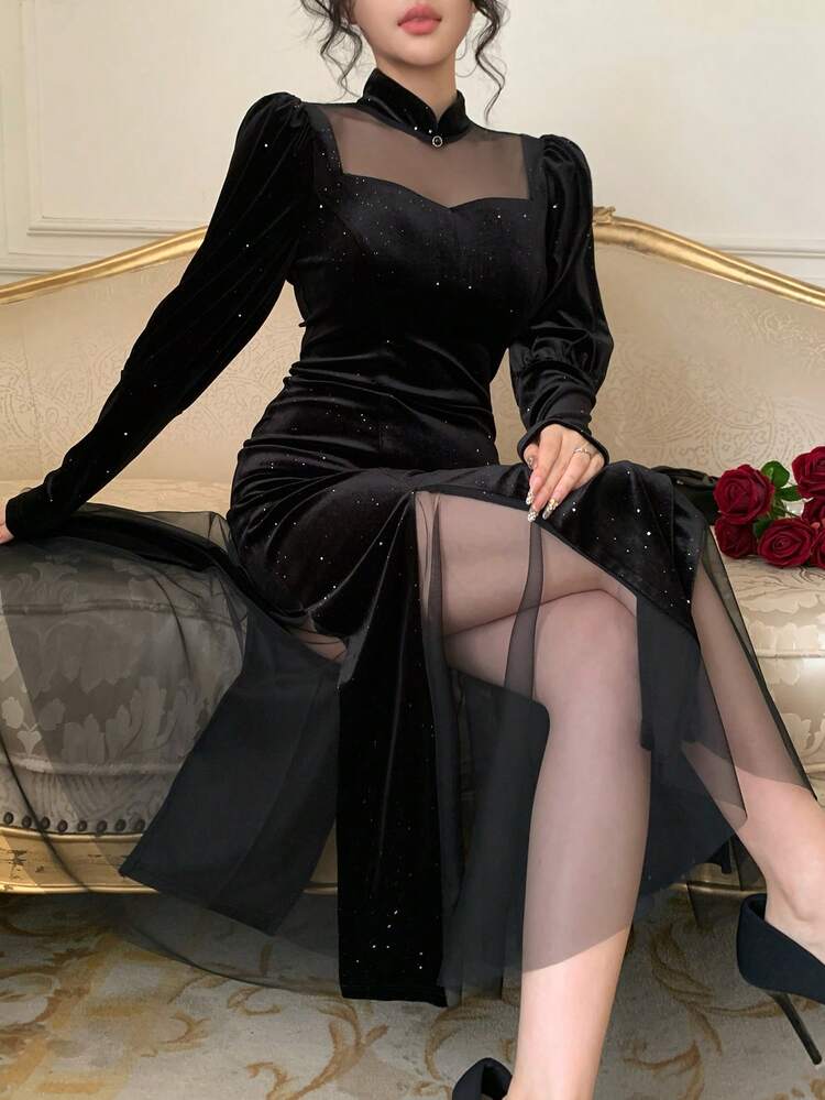 Women's Elegant Patchwork Fishtail Midi Dress, Autumn/Winter Prom Dress Valentine's Day