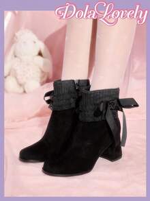 Dola Lovely Giày bốt cổ thấp kiểu Lolita thắt nơ dành cho nữ sinh, gót thấp, kiểu dáng nữ sinh mềm mại, phù hợp cho Halloween, Giáng sinh, mùa thu/đông. - màu đen - Xem 4