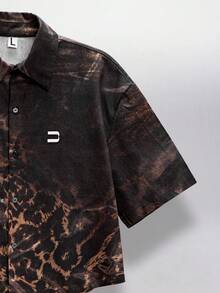 NEON BLANC Casual Drop Shoulder Short Sleeve Front Button Fashionable Leopard Print Denim Blouse - Black - View 4