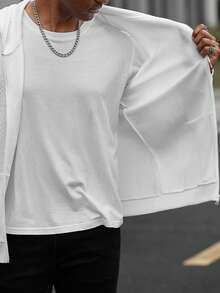 Manfinity CasualCool 男士纯色口袋休闲拉链连帽卫衣，街头风，长袖上衣