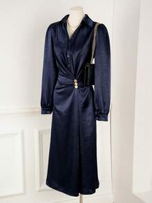 Franclia Đầm suông dài tay vai trơn màu trơn trang trí nút kim loại thanh lịch thắt eo cho nữ - Màu xanh hải quân - Xem 5