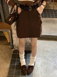 DAZY 女士纯色高腰工装口袋直筒休闲裙 - 棕色 - 查看 5