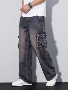 Manfinity Hypemode 男士休闲水洗翻盖口袋直筒牛仔裤，秋季款 - 彩色 - 查看 3