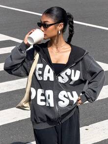 Muchica Áo hoodie có khóa kéo thường ngày họa tiết chữ nhung - màu đen - Xem 3