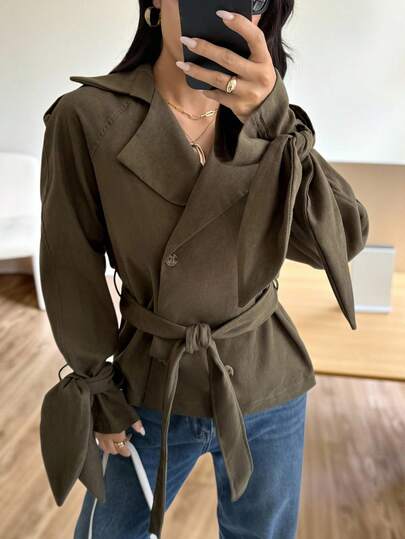 SHEIN EZwear 女性用カジュアル グリーン ショート トレンチコート、デイリー着用の基本アウター、秋冬