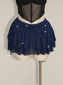 SHEIN ICON Plus Size Ruched Tie-Up High Slit Layered Glitter Mesh Mini Skirt - Navy Blue - View 3