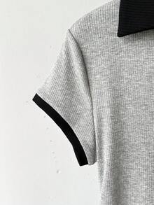 SHEIN 少女罗纹撞色领短袖休闲修身简约T恤 - 灰色 - 查看 5