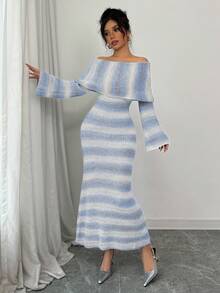 Elenzga Vestido de Tricô Bodycon Ombro de Fora para Mulheres - Multicolorido - Visão 3