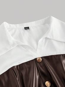 SHEIN MOD 大码女式棕色PU衬衫裙，二合一衬衫裙 - 棕色 - 查看 6