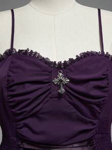 ROMWE Robe femme grande taille gothique vintage avec chaîne métallique amovible à la taille et ourlet asymétrique - Prune - Voir 3