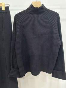 Chiquease 2 件杏色女式针织毛衣套装，罗纹奶油色套头衫和裤子休闲简约装 - 黑色 - 查看 4