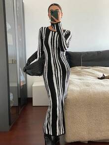 Livesso Elegant Fitted Black & White Round Neck Sweater Dress For Women, Autumn/Winter - Black and White - View 4