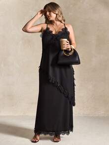 Elegantrix Women's Lace Asymmetric Elegant Slip Skirt Set, Suitable For Dates, Party Outfits, Elegant And Fashionable - Black - View 2