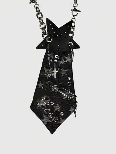ROMWE Goth 1pc Black Millennium Baddie Retro Punk Style Pentagram Print Metal Rivet Cross Circle Rhinestone Decor Adjustable Tie Necklace, Fashion Minimalist Unisex Design Suitable For Daily, Party, School, Gathering, Shopping And More
