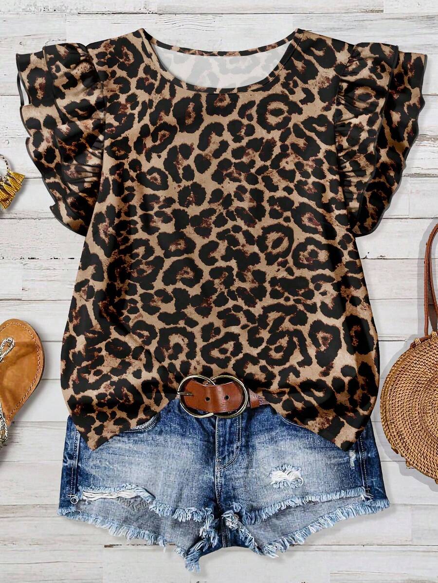 Mellowie Vintage Leopard Print Casual Minimalist Vintage Print Round Neck Blouse, Women In Autumn And Winter, Romantic, Elegant, Autumn And Fall Wear. Country, Vintage, Vacations, Casual Outings, Music Festiva - Multicolor - View 1