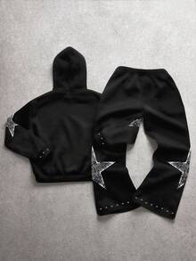 SHEIN Set de 2 piezas de ropa informal para niños/preadolescentes varones, que incluye sudadera con capucha con estampado gráfico y pantalón de chándal de pierna recta de punto - Negro - Ver 2