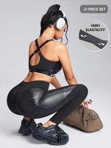 Innovista Bộ đồ thể thao PU bóng màu đen cho nữ - Áo ngực thể thao hỗ trợ cao và quần legging cạp cao với vải lưới tập yoga, dây đeo có thể điều chỉnh, kiểm soát bụng, thiết kế nâng mông | Đồ thể thao năng động có hai túi, nhanh khô và thoáng khí, lý tưởng cho yoga, HIIT, chạy bộ, tập gym, Pilates và CrossFit | Trang phục thể thao hàng ngày phong cách cho văn phòng, ăn trưa, ngoài trời và tập thể dục | Trang phục chất lượng cao cấp, đa năng cho các bà mẹ đi làm, người có ảnh hưởng về thể hình - màu đen - Xem 1