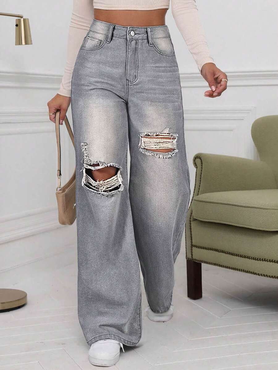 SHEIN ICON Jeans de pierna ancha con cintura alta y rotos en azul denim lavado - Gris - Ver 1