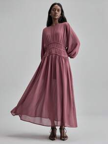 Ontre 2026春夏女士超长连衣裙，粉色连衣裙，情人节穿搭，度假风，简约韩式设计，酒红色，柔软雪纺面料，编织绳装饰，女士长裙，圆领，休闲度假风，韩式通勤风，日常穿着，春夏款 - 酒紅色 - 查看 5