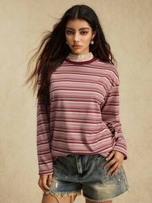 Easelle Casual Vintage Pink Striped Knit Women T-Shirt Top Summer For Women Round Neck Long Sleeved Comfortable - Multicolor - View 4