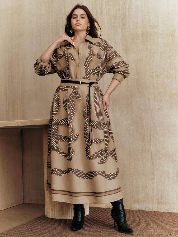 1 set Chemise à manches longues ample et jupe mi-longue avec ceinture, imprimé velours de cerf grande taille. Mode Top de gamme, convient pour le Nouvel An, les vacances, l'hiver