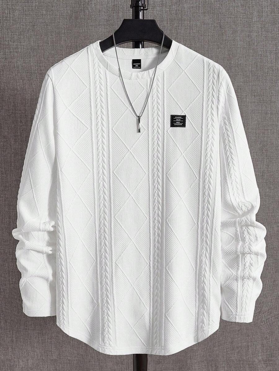 EASEVO 大码男士宽松针织麦穗菱形图案圆领长袖T恤 - 白色 - 查看 1