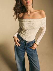 Poéselle Women's Floral Flocked Mesh Ruffle Off Shoulder Long Sleeve Bodysuit - White - View 6