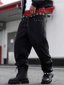 Manfinity Roghcode Personalized Double Waistband Drawstring Contrast Star Print Black Jeans Emo Pants Goth Pants Punk Pants Men Goth Sweatpants - Black - View 7