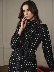 Revavyn Revavyn 法式设计优雅波点印花小众荷叶边领口系带长袖连衣裙 - 黑與白 - 查看 6