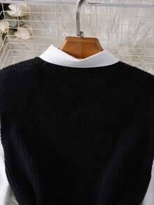 INAWLY Plus Size Women Contrast Color Long Sleeve Sweater Vest - Black - View 7