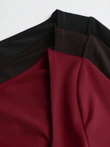 Sweetra 3pcs/Set Women's Long Sleeve Bodysuit In Apricot, Coffee Brown, Black, Slim Fit Minimalist Commuter Versatile - Multicolor - View 5